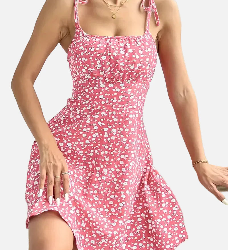 Vestit mini de dona amb estampat floral i tirants lligats