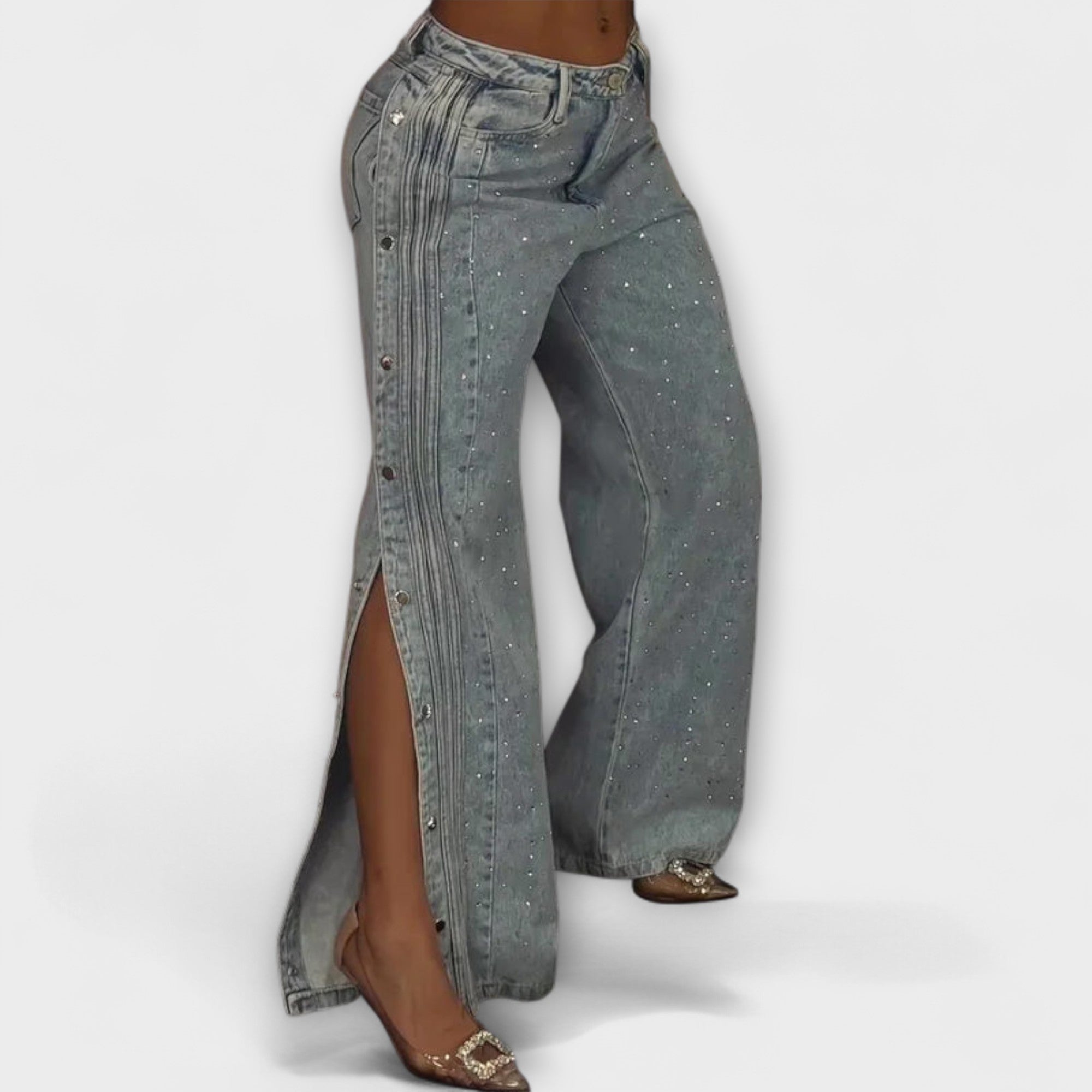Nola - Pantalons de cintura alta amb pedres i botons laterals