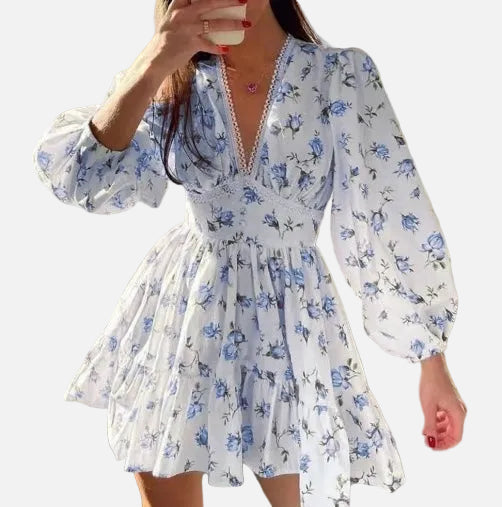 Vestit mini floral amb escot en V per a dona, mànigues llargues i faldilla amb volants