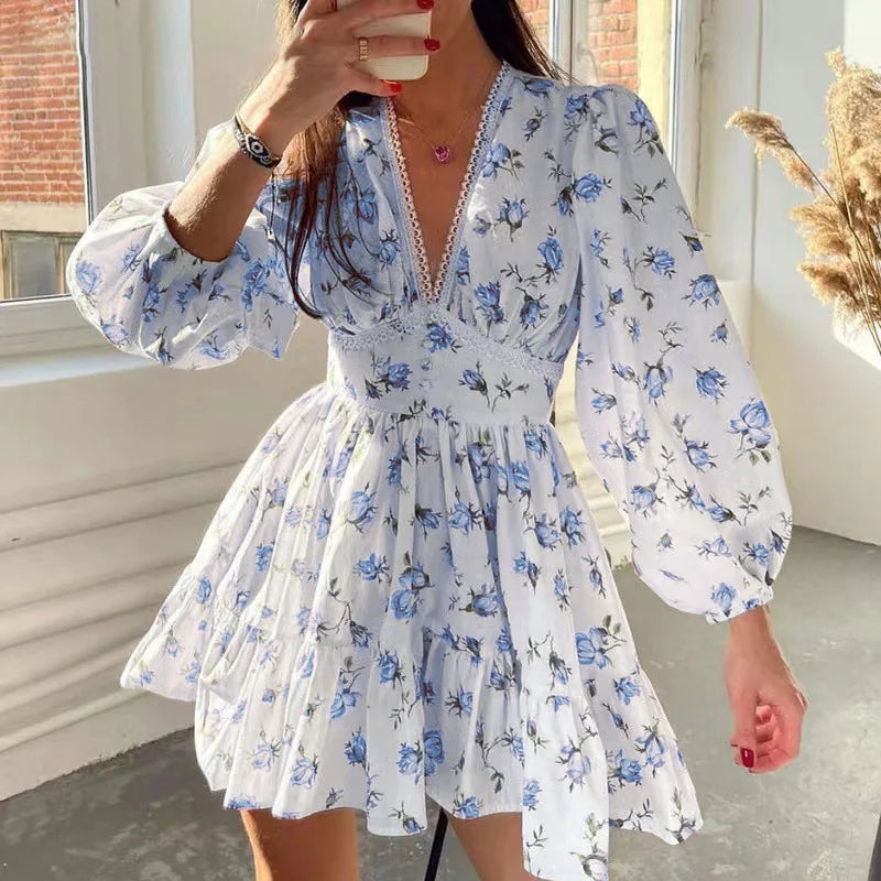 Vestit mini floral de tall A per a dona amb escot en V i mànigues llargues