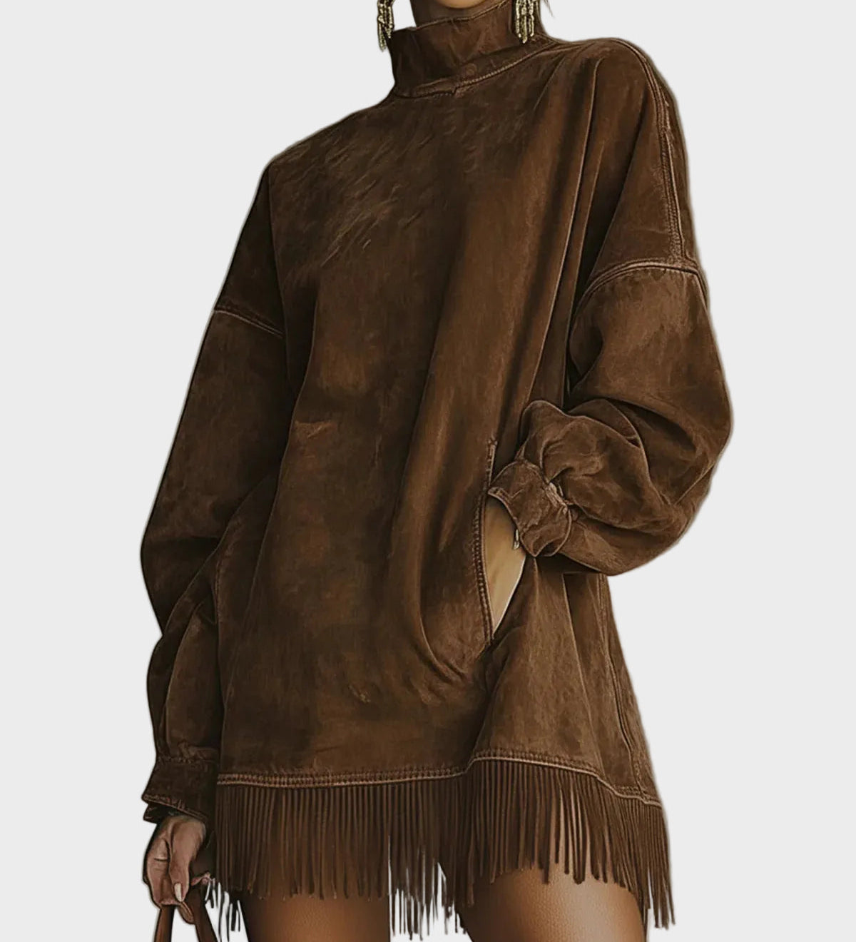 Vestit de Fausz Suede amb Coll Alt i Franges