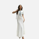 Vestit Maxi de Punt Acanalado Blanc – Vestit Elegant d'Estiu de Manga Curta per a Dones