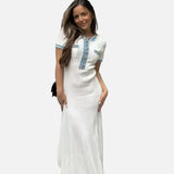 Vestit Maxi de Punt Acanalado Blanc – Vestit Elegant d'Estiu de Manga Curta per a Dones