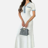 Vestit Maxi de Punt Acanalado Blanc – Vestit Elegant d'Estiu de Manga Curta per a Dones