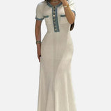 Vestit Maxi de Punt Acanalado Blanc – Vestit Elegant d'Estiu de Manga Curta per a Dones