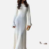 Vestit Maxi de Punt Acanalado Blanc – Vestit Elegant d'Estiu de Manga Curta per a Dones