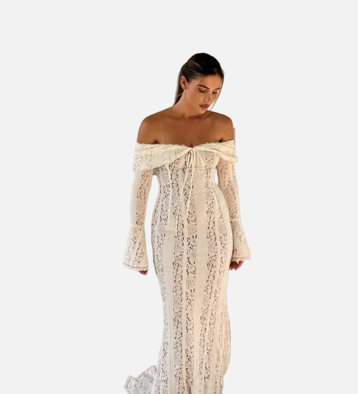 Elegant Maxi Vestit de Renda Off-Shoulder per a Convidades de Boda