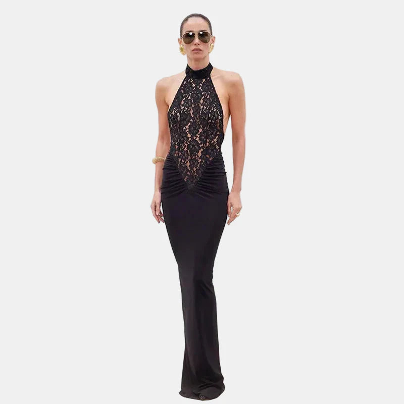 Vestit Maxi Halter de Renda – Vestit de Nit Elegant i Esculpit per a Dones