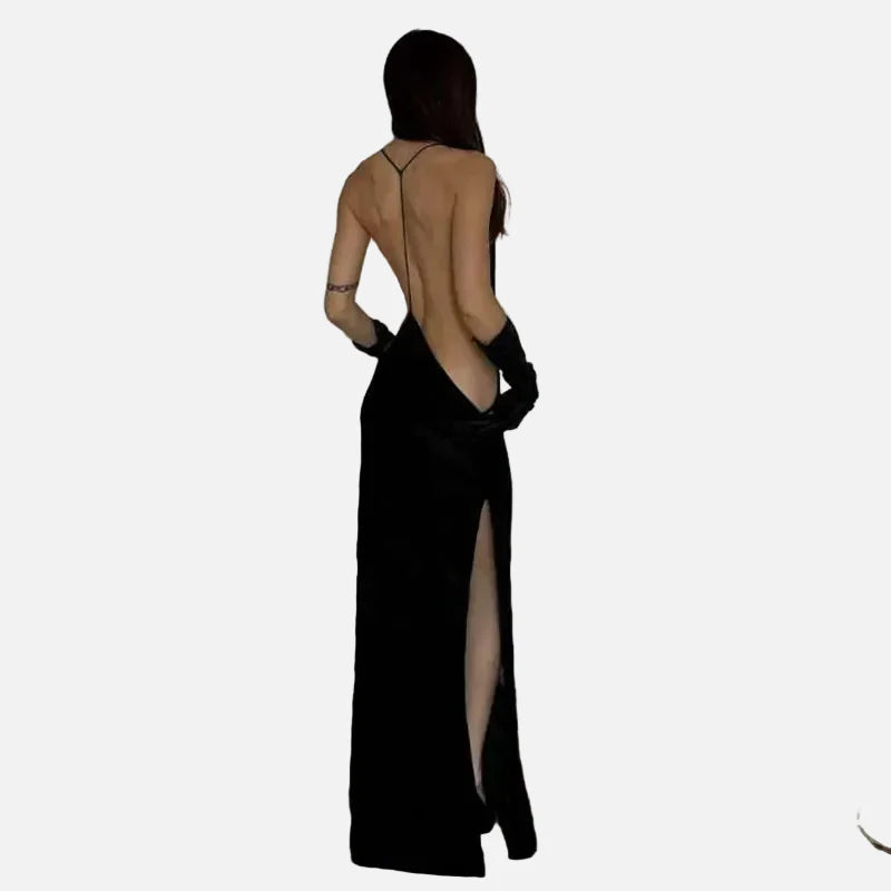 Vestit Maxi Halter de Malla Transparent amb Esquena Descoberta