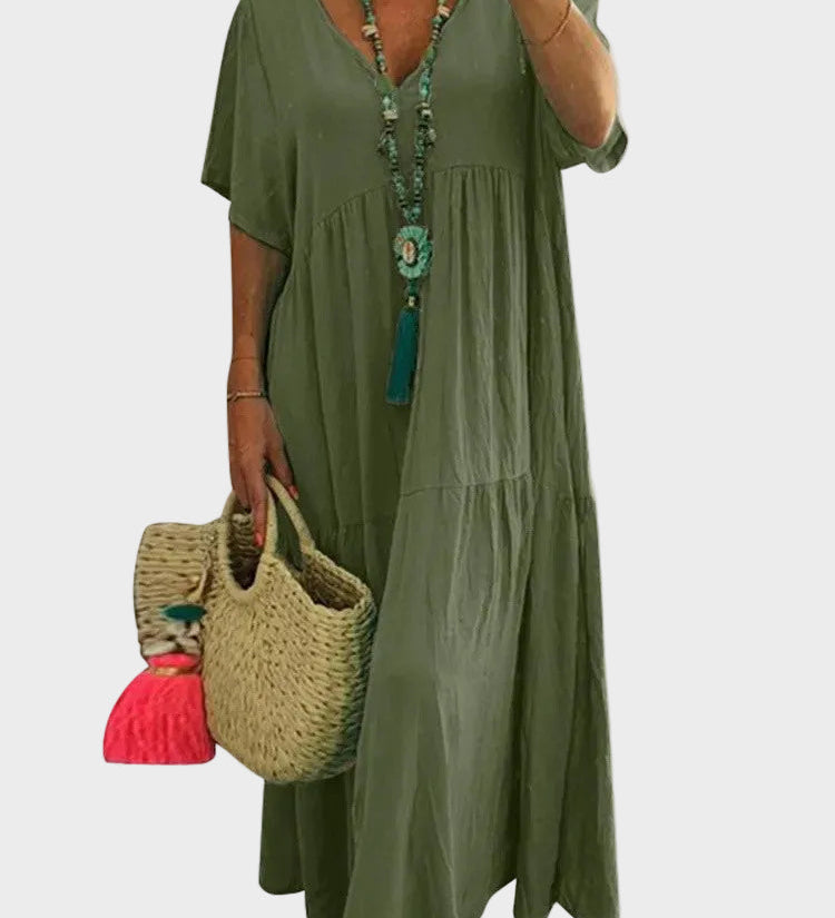 Linnea – Vestit maxi suau amb volants i escot en forma de V