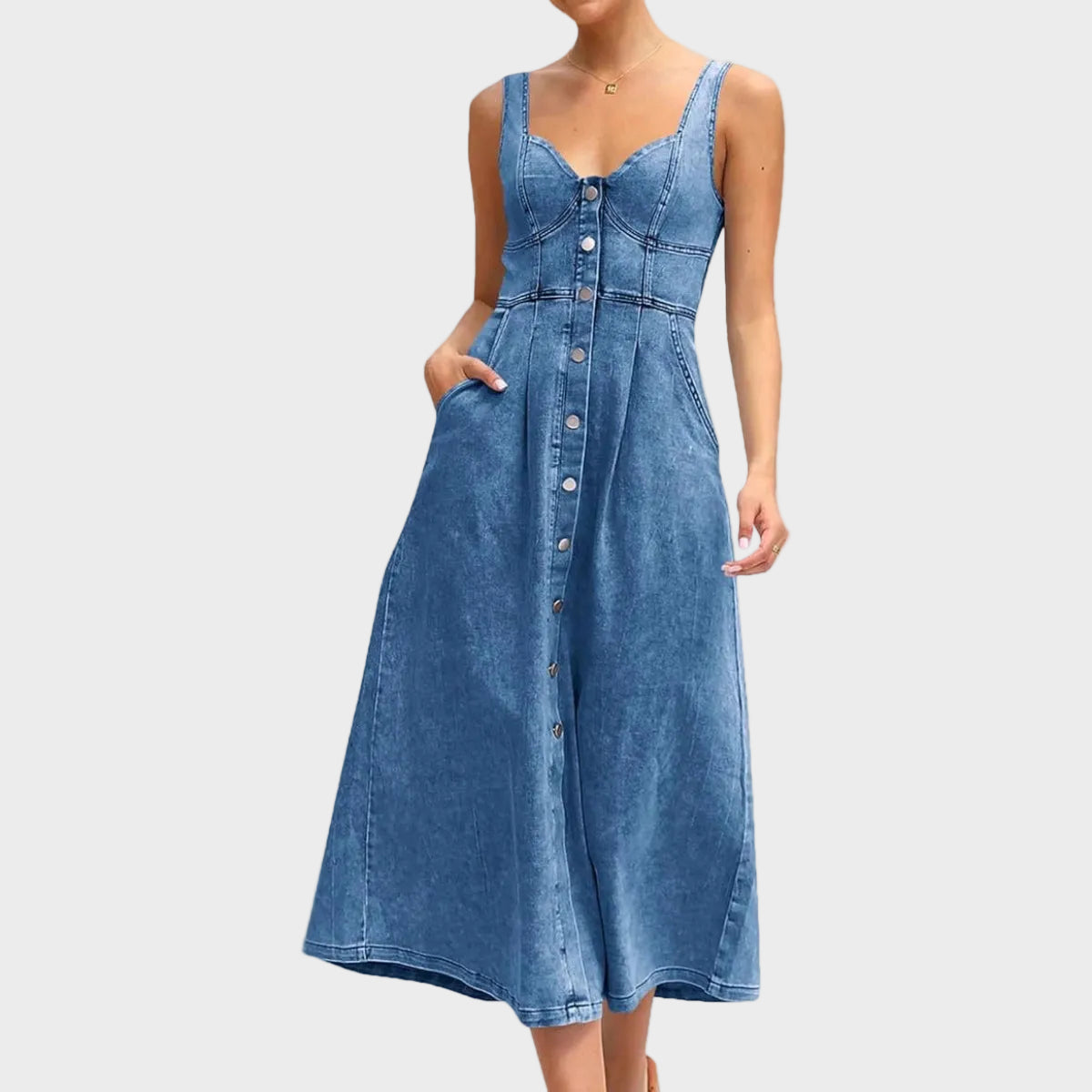 Aneta – Vestits de denim sense mànigues clàssics amb botons a la part davantera