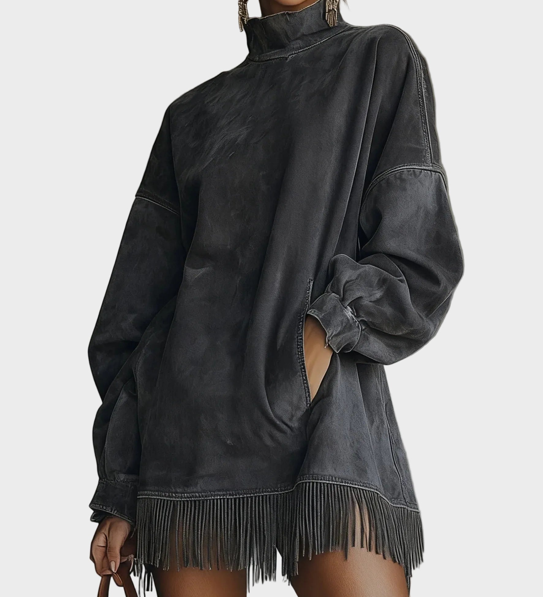 Vestit de Fausz Suede amb Coll Alt i Franges