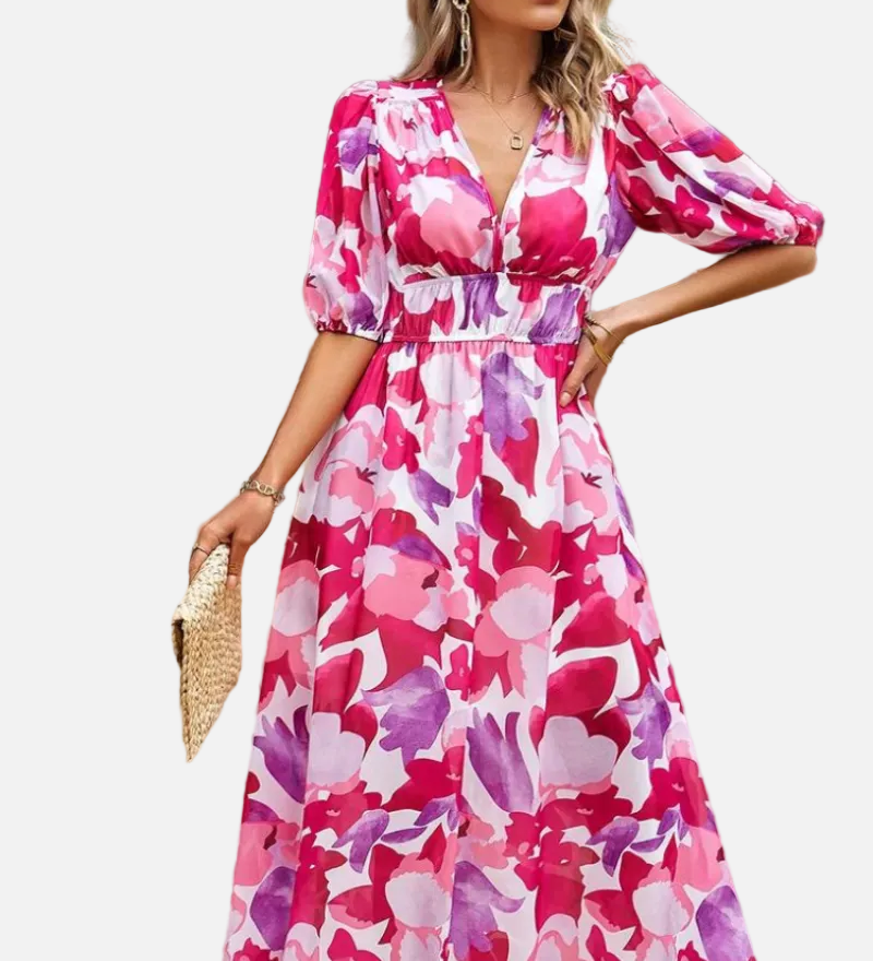 Vestit Midi Floral Elegant de Festa amb Mangues Bufades