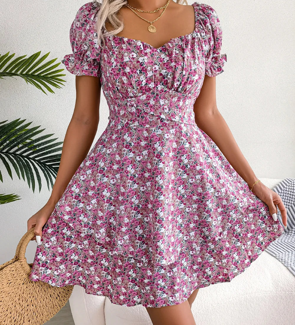 Vestit mini floral de màniga curta per a dona amb cintura amb cordons i tall fluid