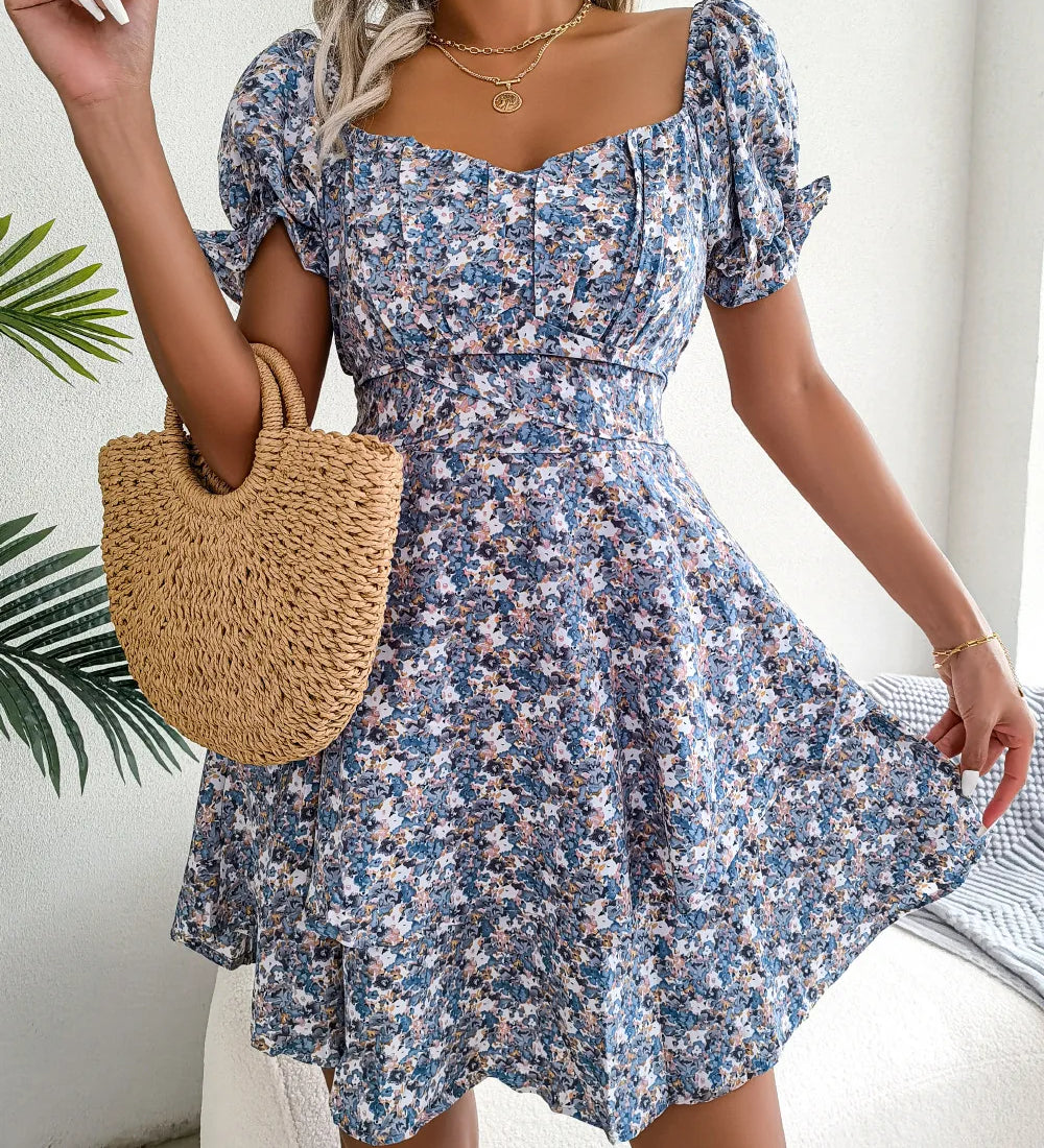 Vestit mini floral de màniga curta per a dona amb cintura amb cordons i tall fluid