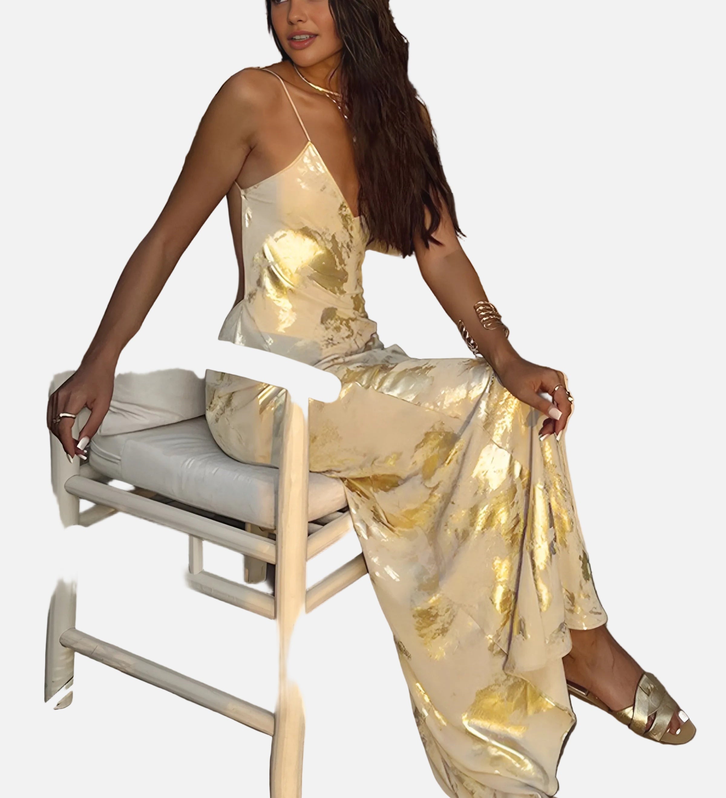 Elegant Vestit Maxi d'Convidada de Boda Groc i Daurat