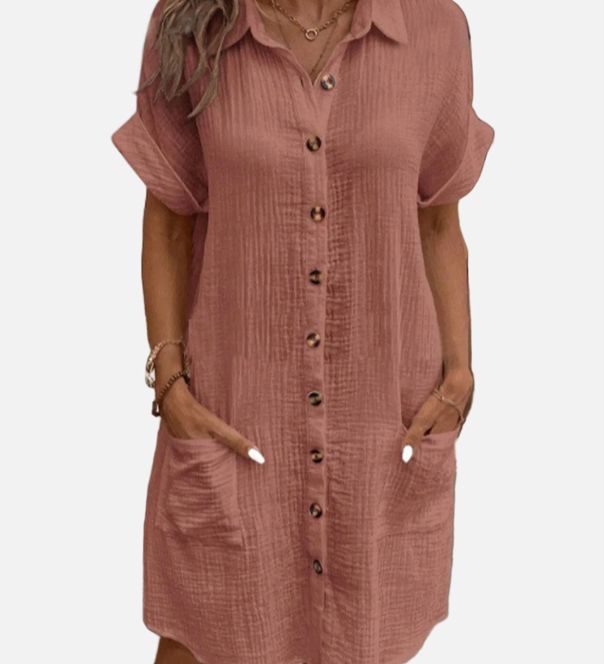 Vestit camisero de màniga curta amb botons i butxaques davanteres per a dona
