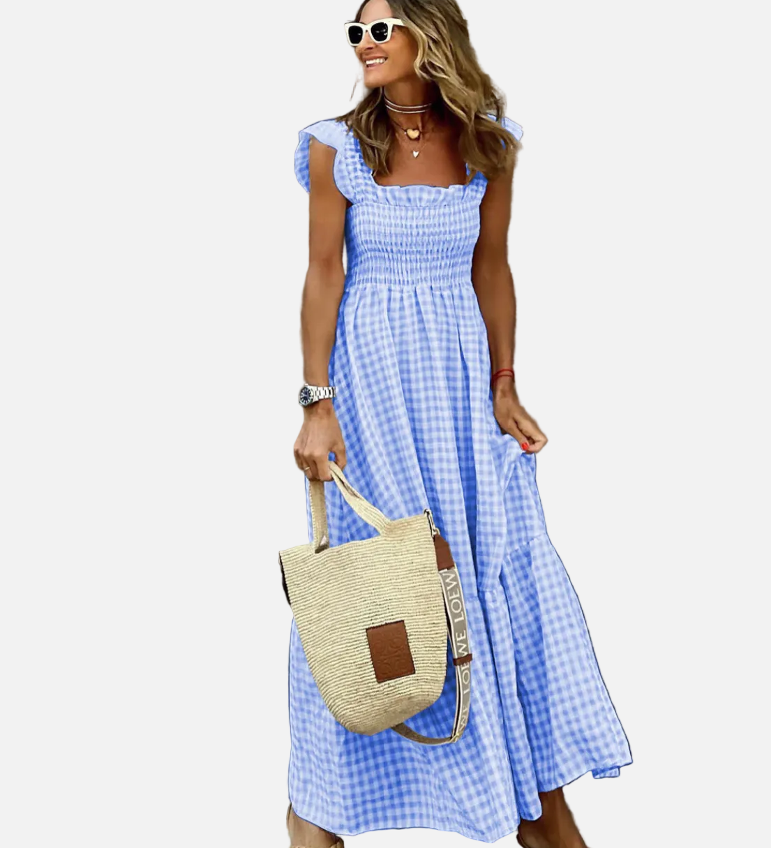 Vestit Maxi de Gingham amb Mangues Volants per a l'Estiu