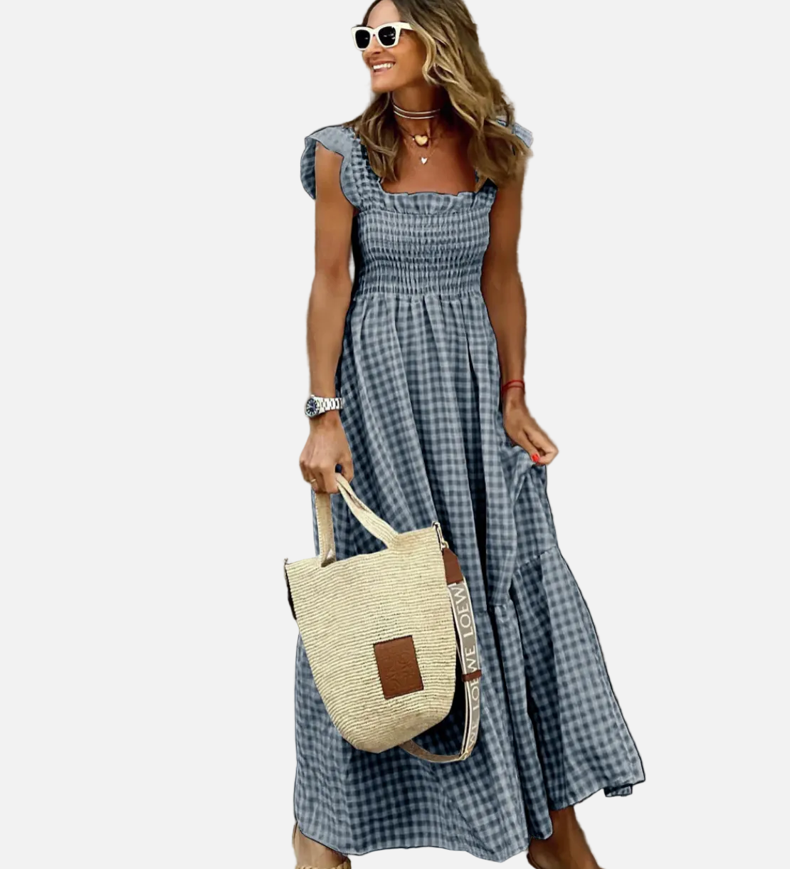 Vestit Maxi de Gingham amb Mangues Volants per a l'Estiu