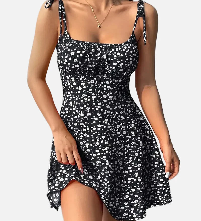 Vestit mini floral per a dona amb tirants lligats i baix acampanat