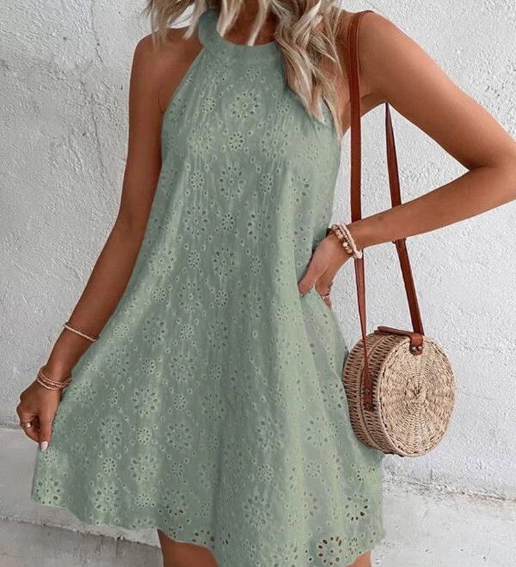 Vestit curt sense mànigues de tall A per a dona amb disseny floral de ulls