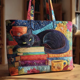 Handmade Bag “Black Cat with Books and Mugs”