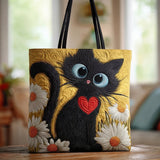 Handcrafted Bag "Black Cat with Heart and Daisies"