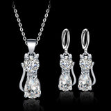Necklace and Earring Set – Happy Silver Cats with Polished Zirconia
